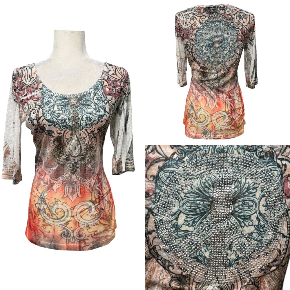 Sledge USA Top Womens XL Y2K Rhinestone Peace Sign 3/4 Sleeve Graphic AOP Grunge